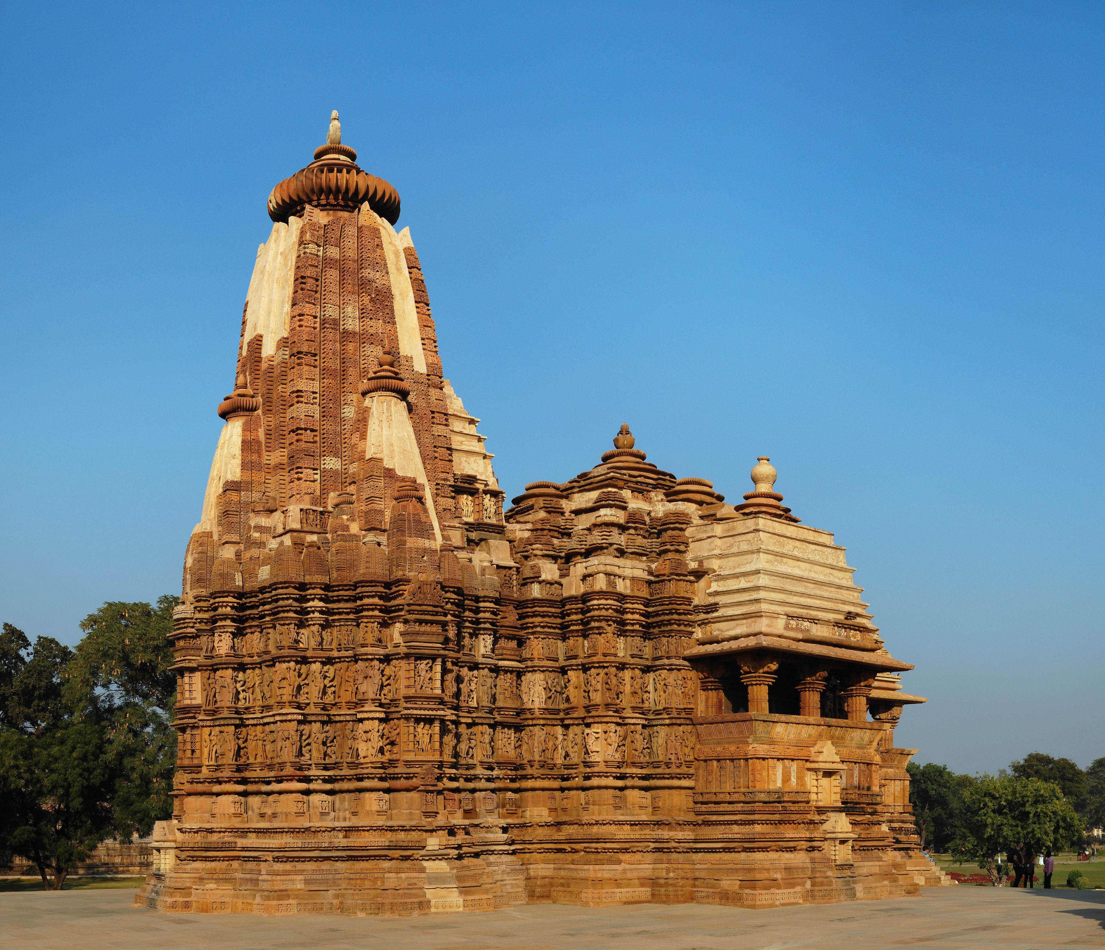 The carved sandstone tower and walls of Devi Jagadambi Temple at Khajuraho