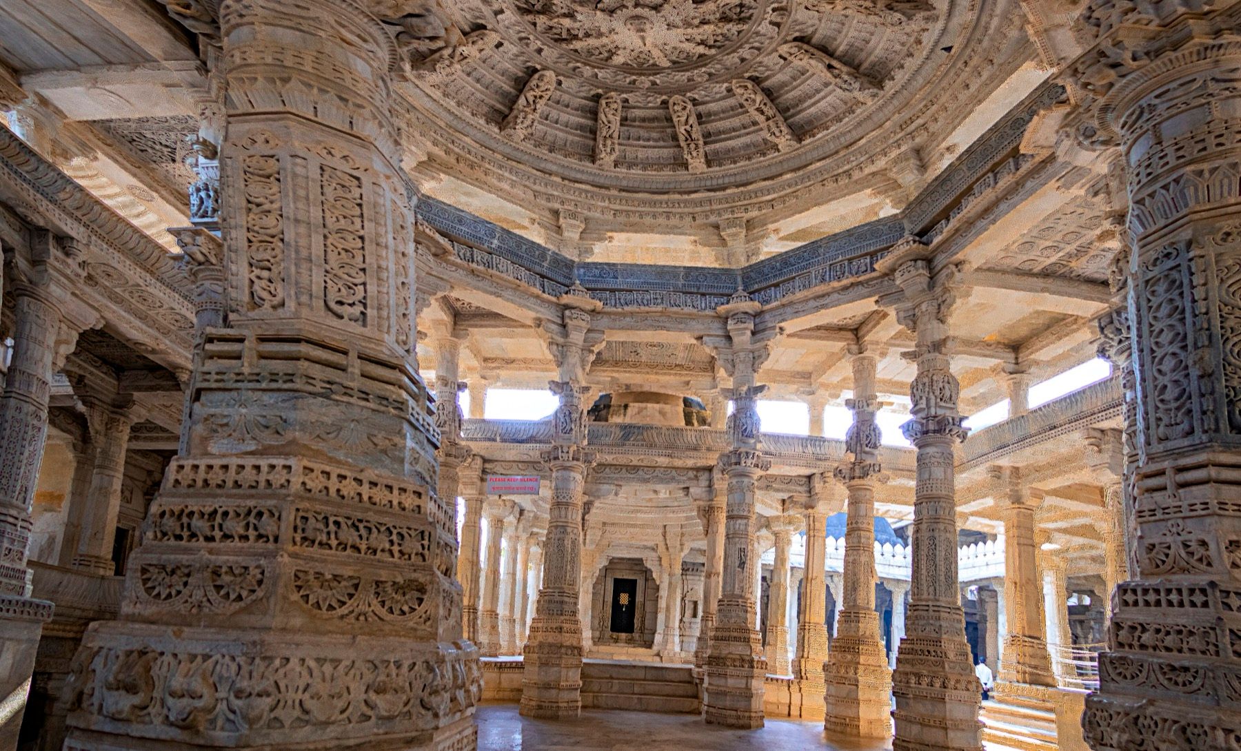 Carved marble pillars inside the Jain temple at Ranakpur