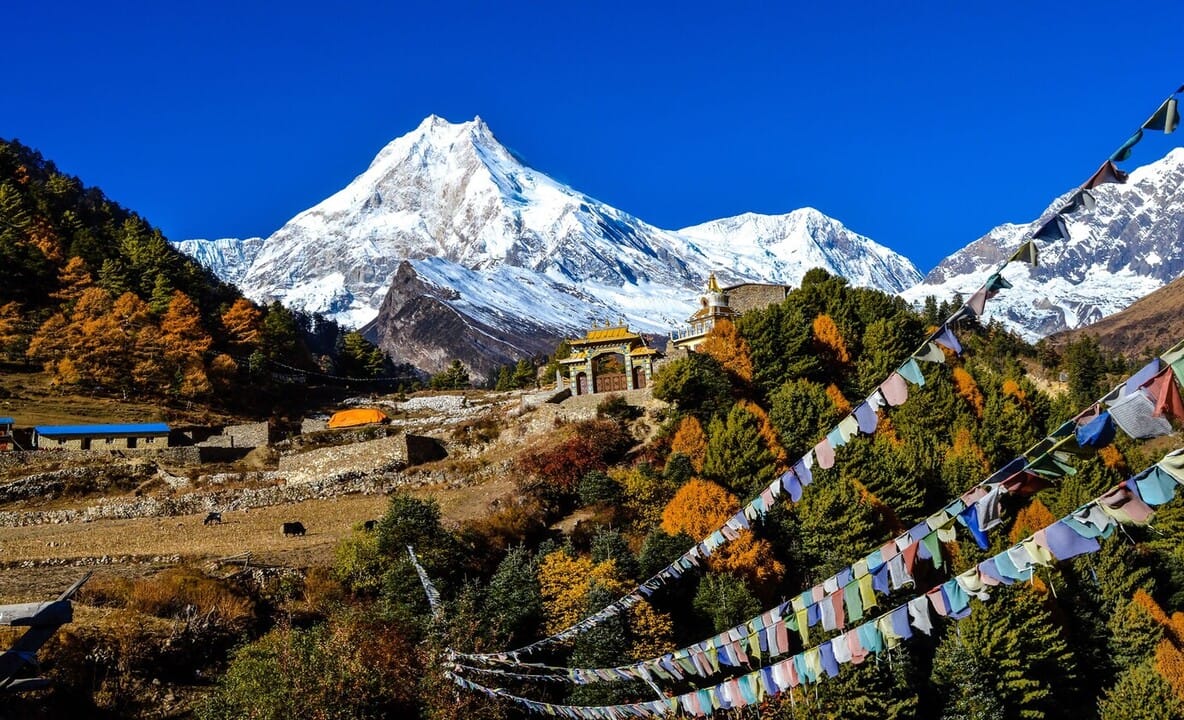 Prayer flags stretched across a village below a snowy peak