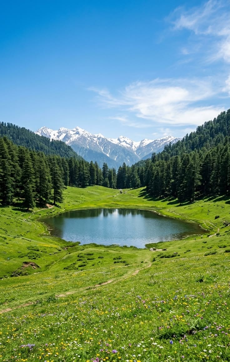 A small lake in a green mountain meadow