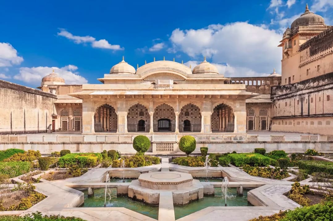 A marble courtyard and garden within a Rajasthan palace