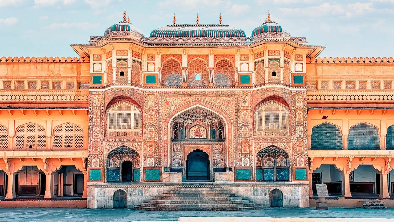 An ornate pink palace gateway in Jaipur