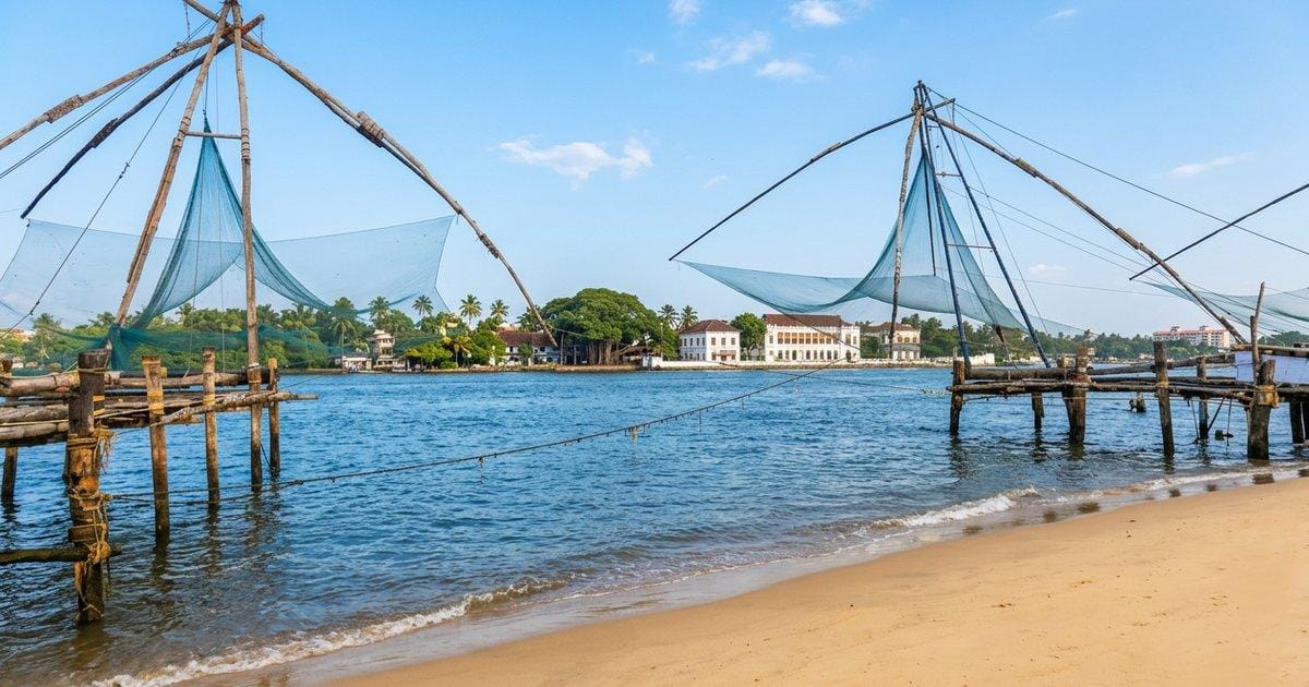 Large fishing nets raised above a waterfront landing