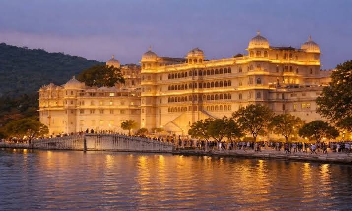 Udaipur's illuminated City Palace beside Lake Pichola