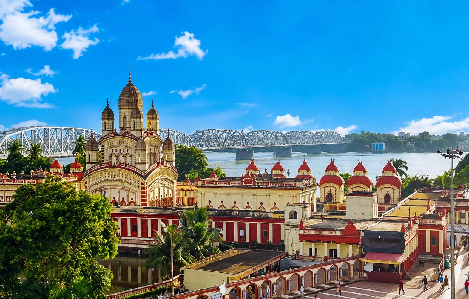 Colorful temple buildings beside the river in Kolkata