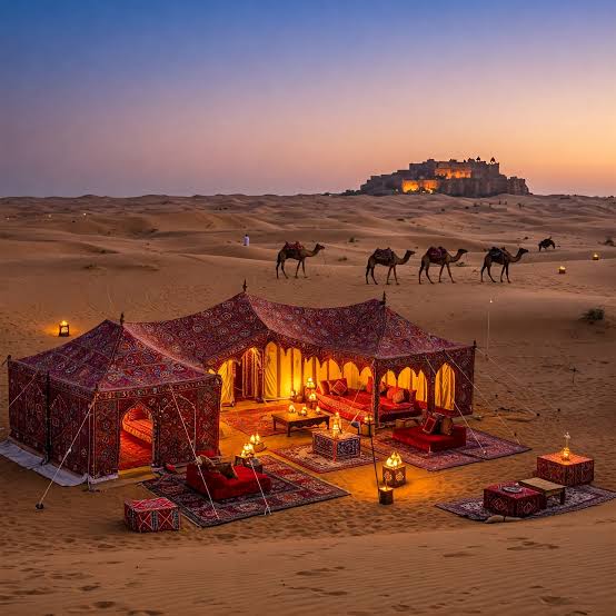A candlelit tented dining area among desert dunes