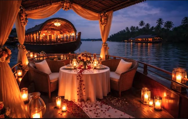 A candlelit dining table on a houseboat at night