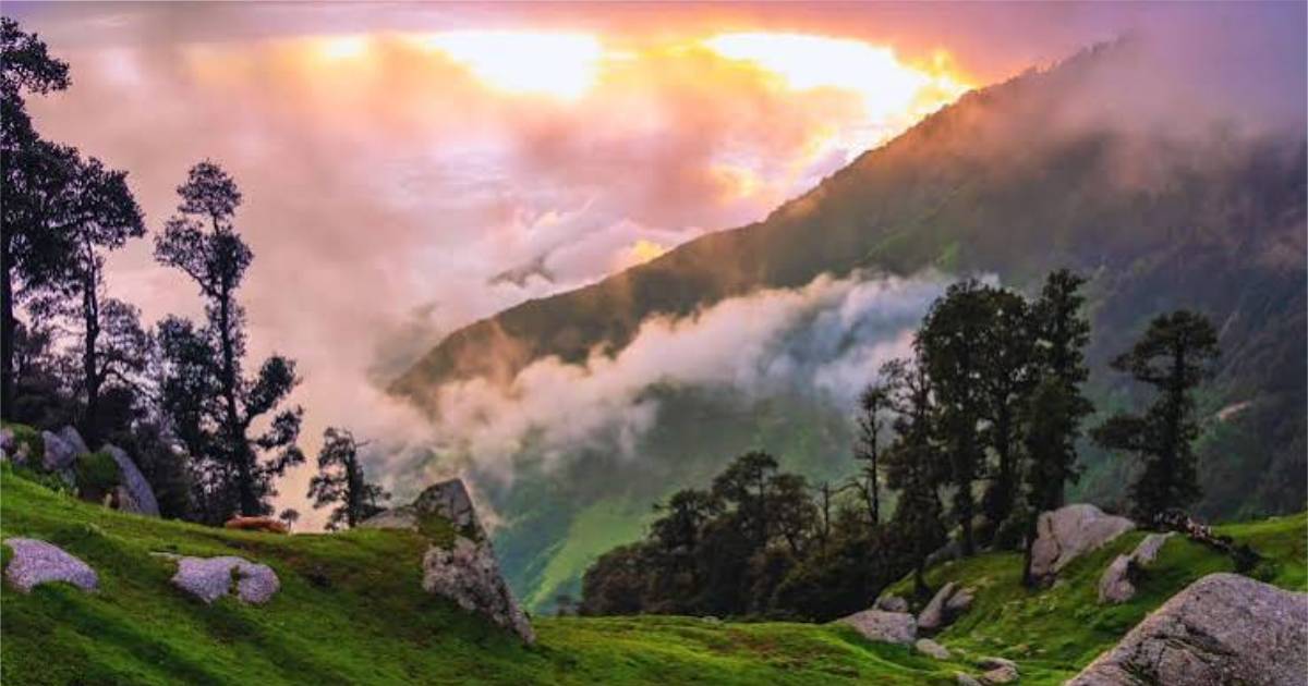 Clouds drifting through a sunlit wooded mountain valley