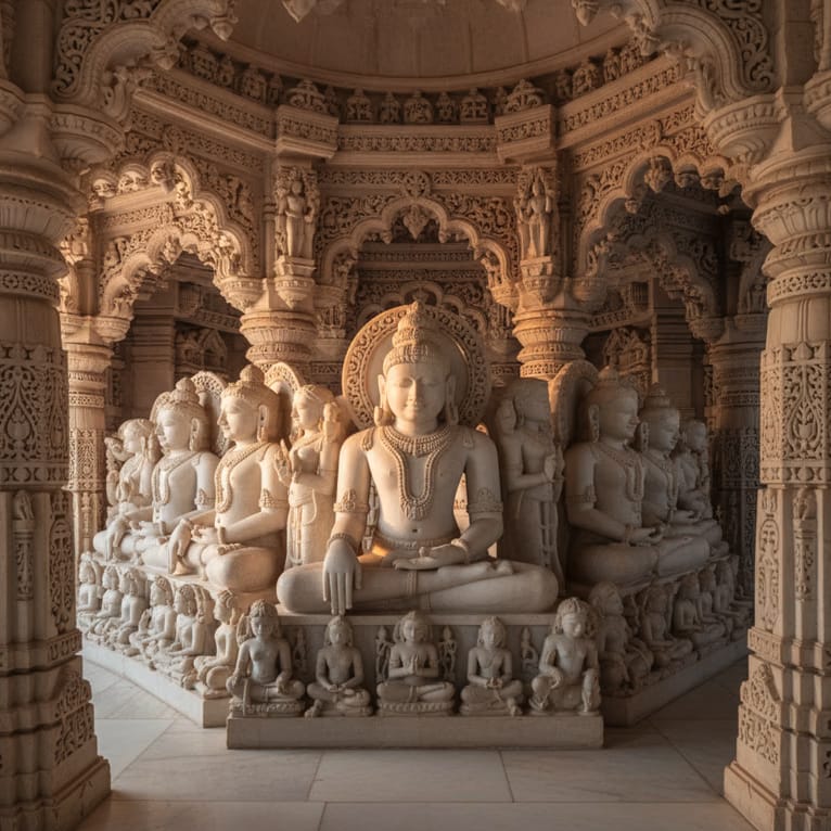 A seated figure surrounded by intricately carved temple columns