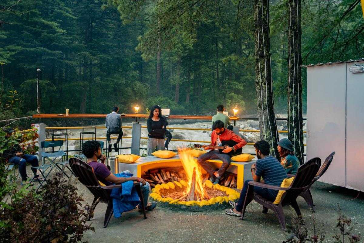 Guests seated around a campfire beneath trees