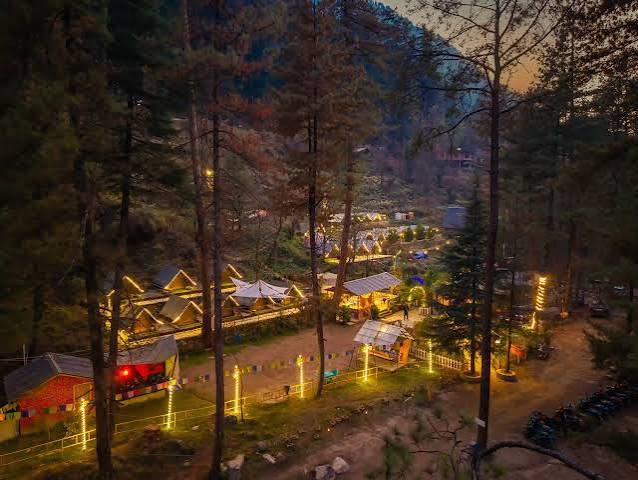 Warmly lit cottages among pine trees at dusk