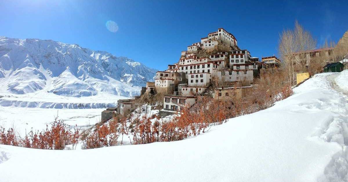A monastery on a snowy hillside