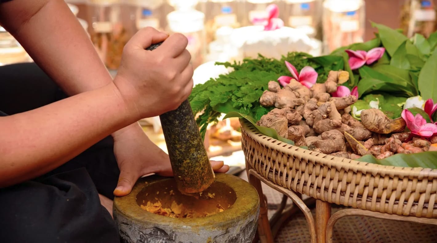 Hands grinding herbs and roots with a mortar and pestle
