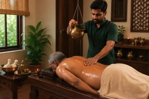 A therapist pouring oil over a guest during a massage