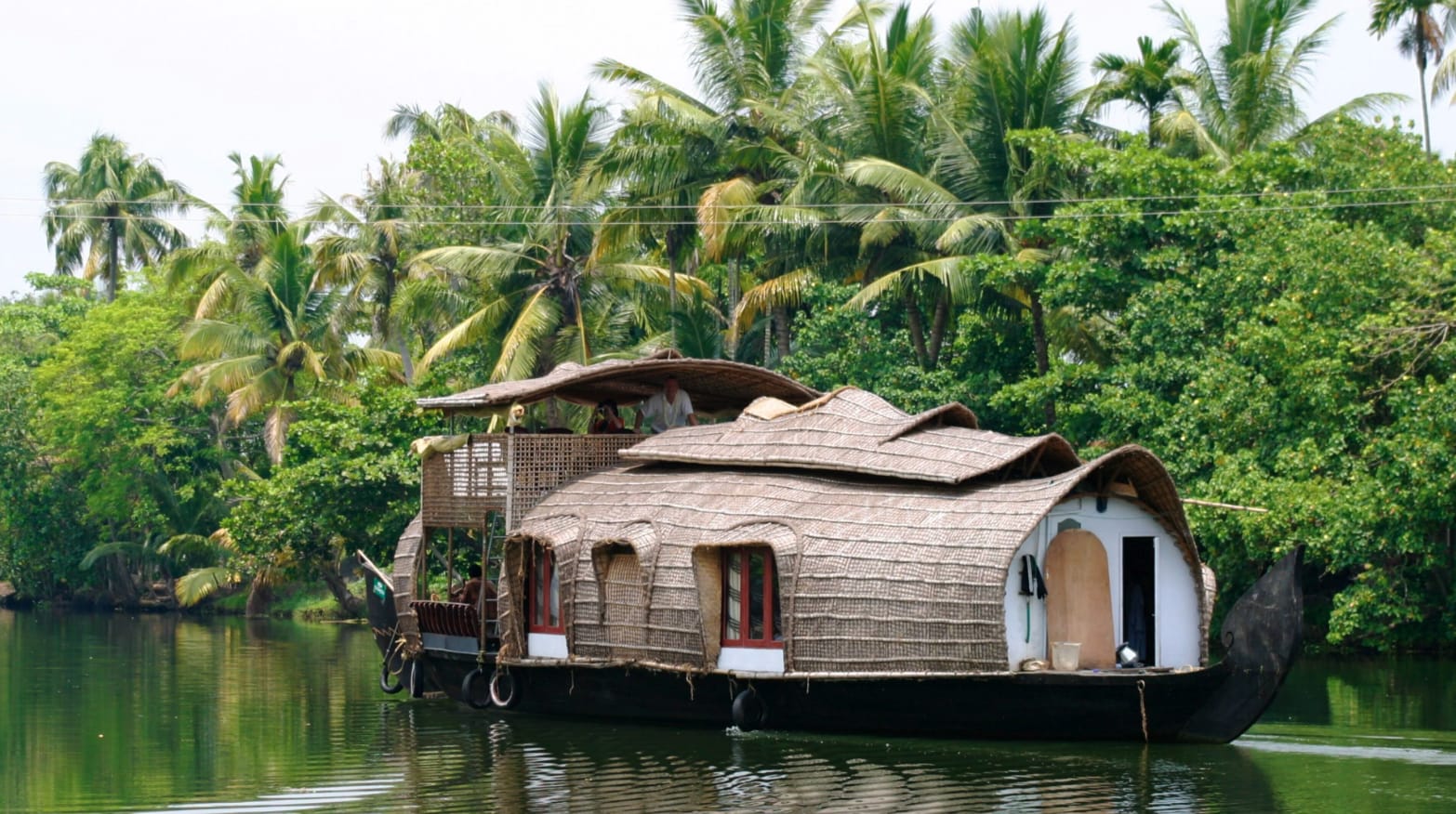A traditional houseboat beside dense coconut palms
