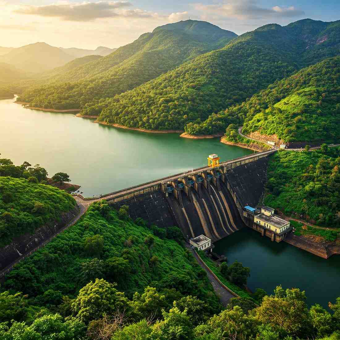 A dam and reservoir surrounded by forested hills