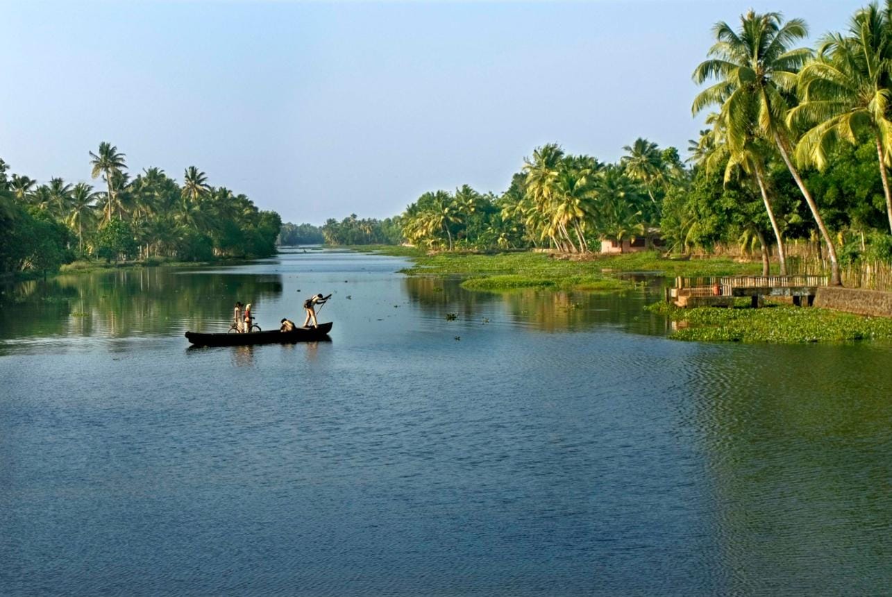 A small boat crossing a quiet palm-lined waterway