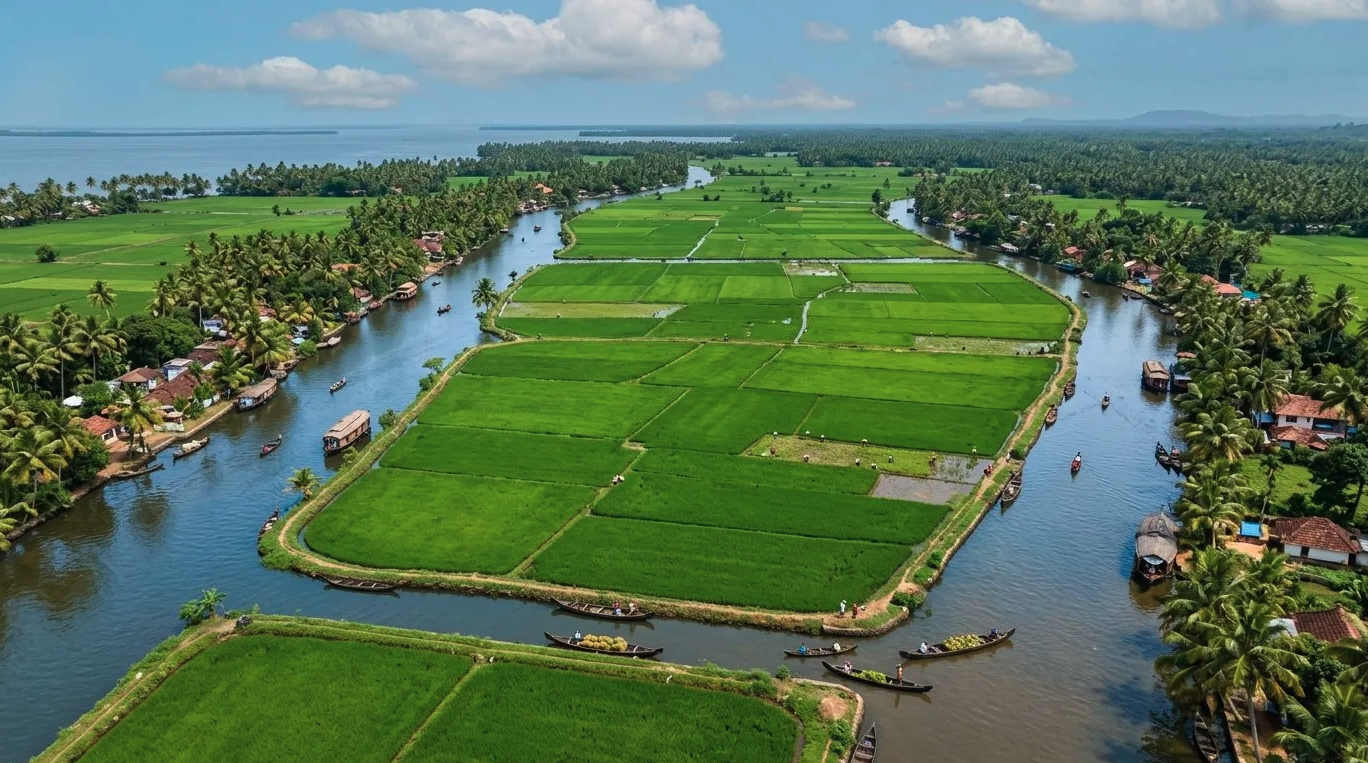 Aerial view of green paddy fields surrounded by waterways