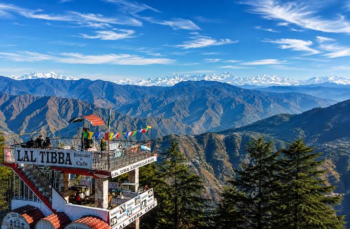 A sign marking Lal Tibba above distant mountain ridges