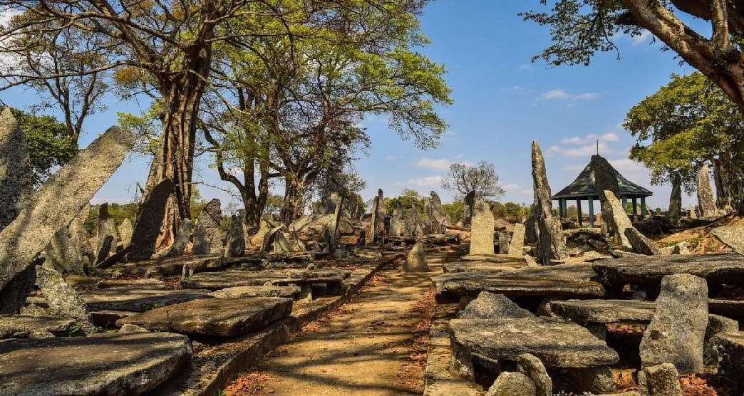 Standing stones and stone slabs beneath tall trees