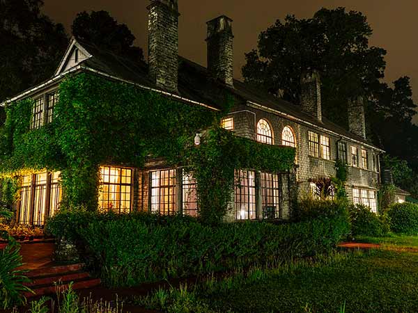 A warmly lit building covered with climbing greenery