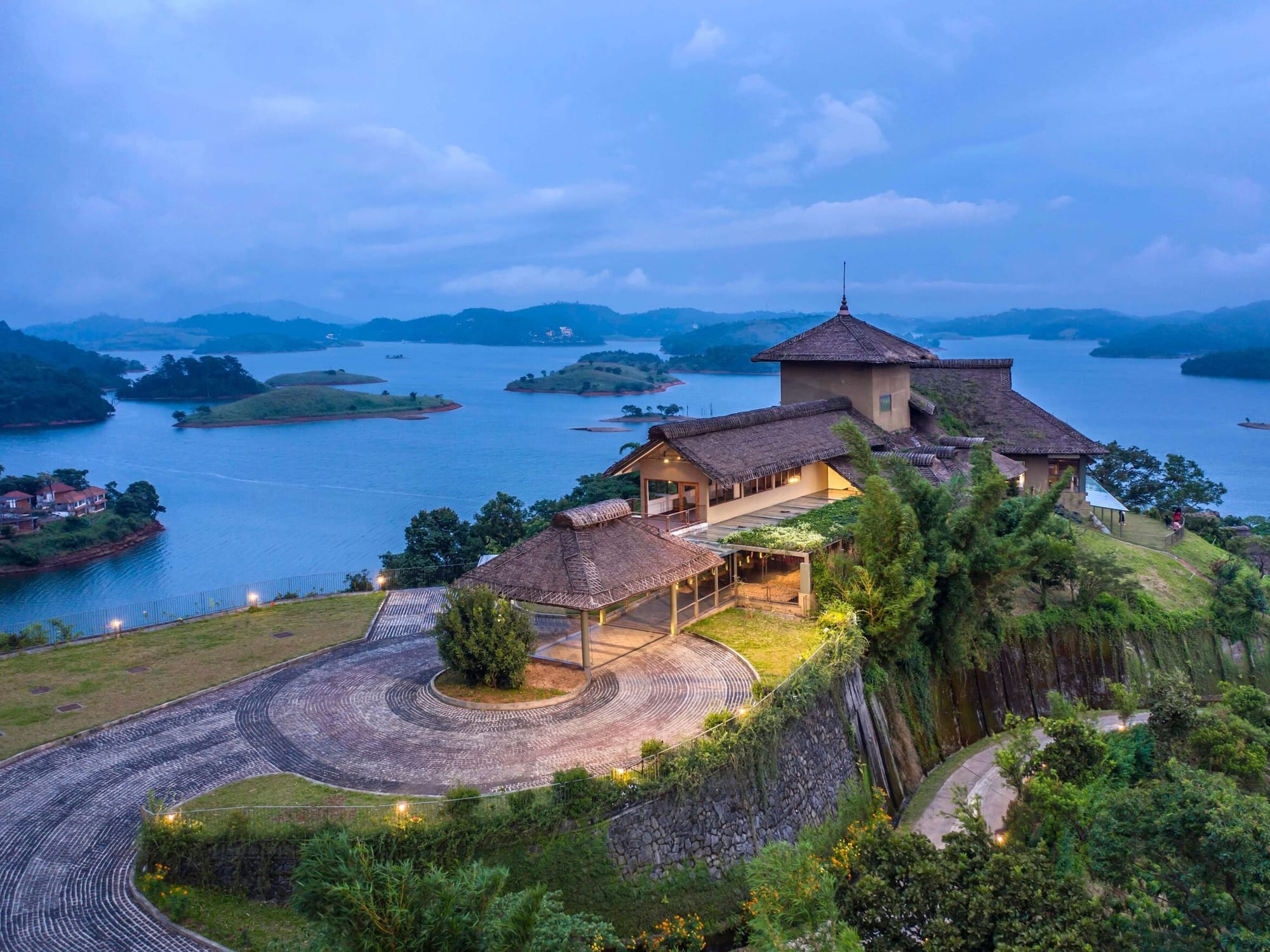 A lakeside resort on a landscaped peninsula