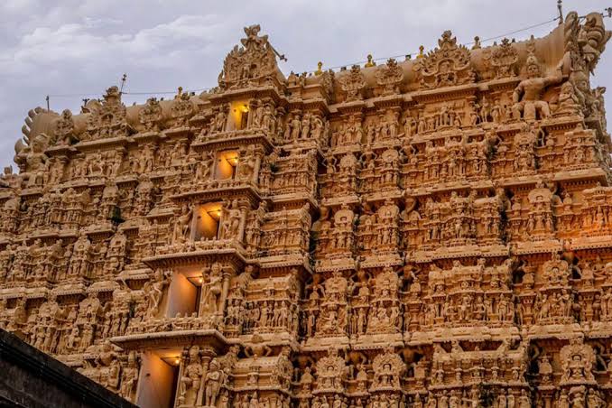 The richly carved tower of a South Indian temple