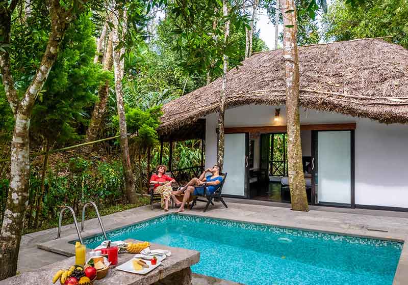 A private pool beside a thatched-roof cottage