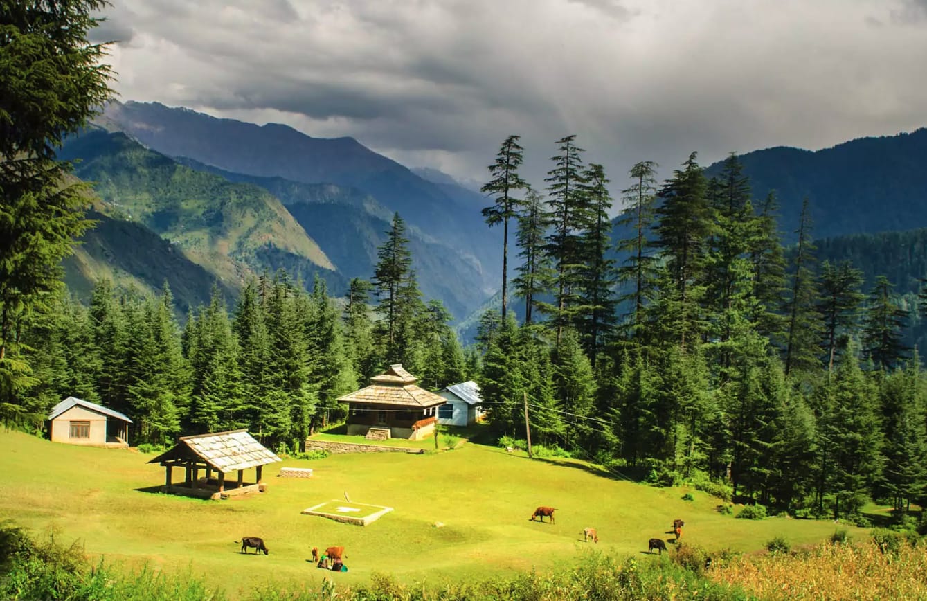 A green meadow and cottages beneath forested mountain slopes