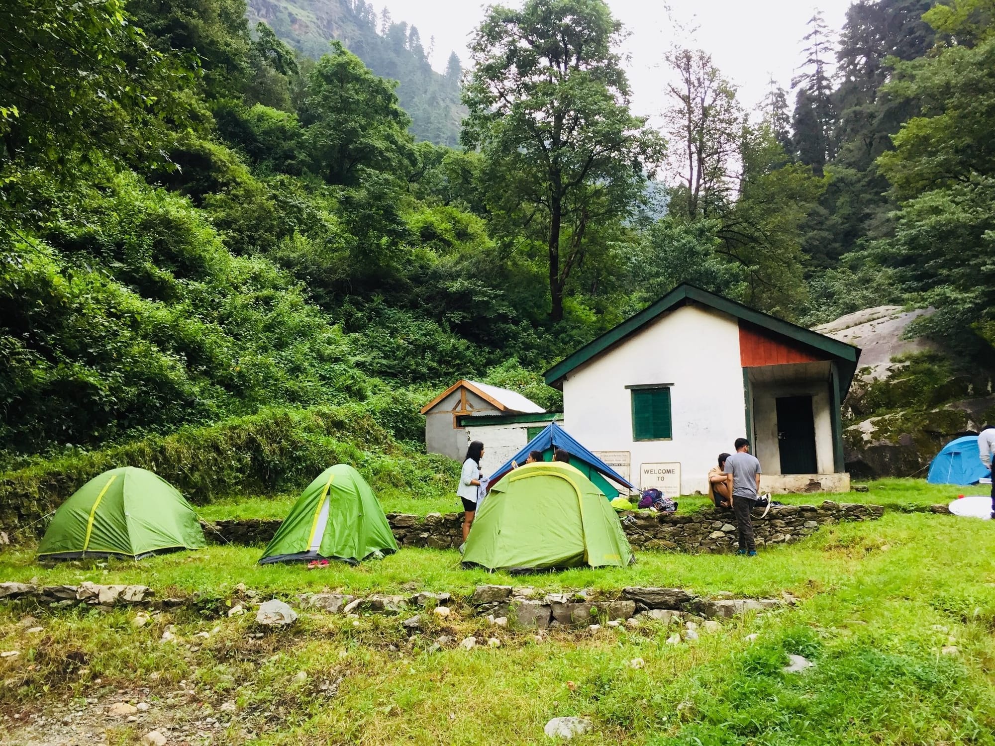 Small tents beside a cottage in a green clearing