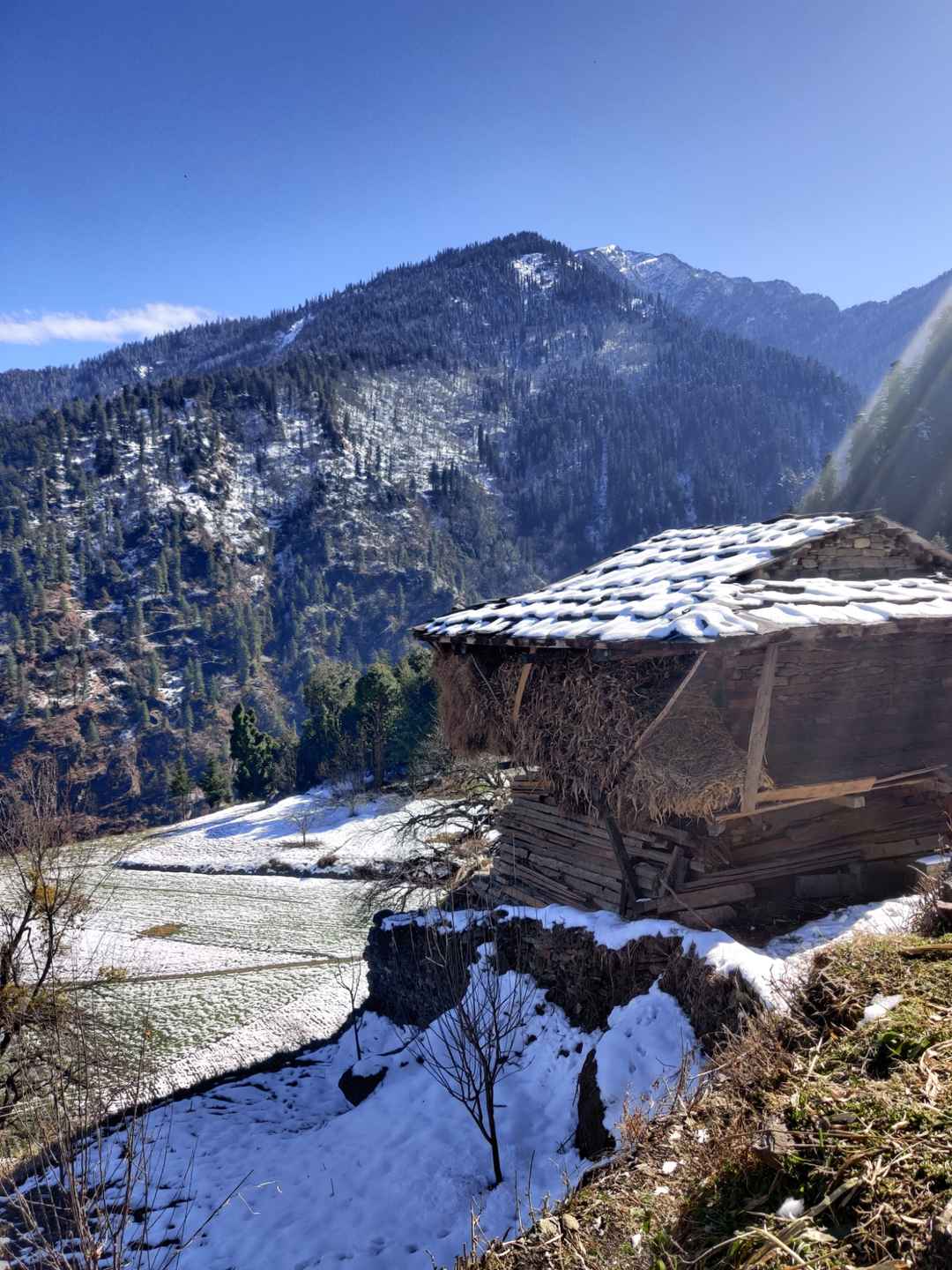 Stone houses and fields covered in snow