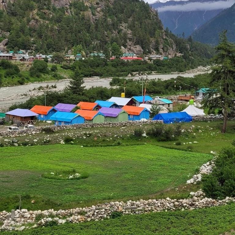 Colorful tents beside a grassy riverbank