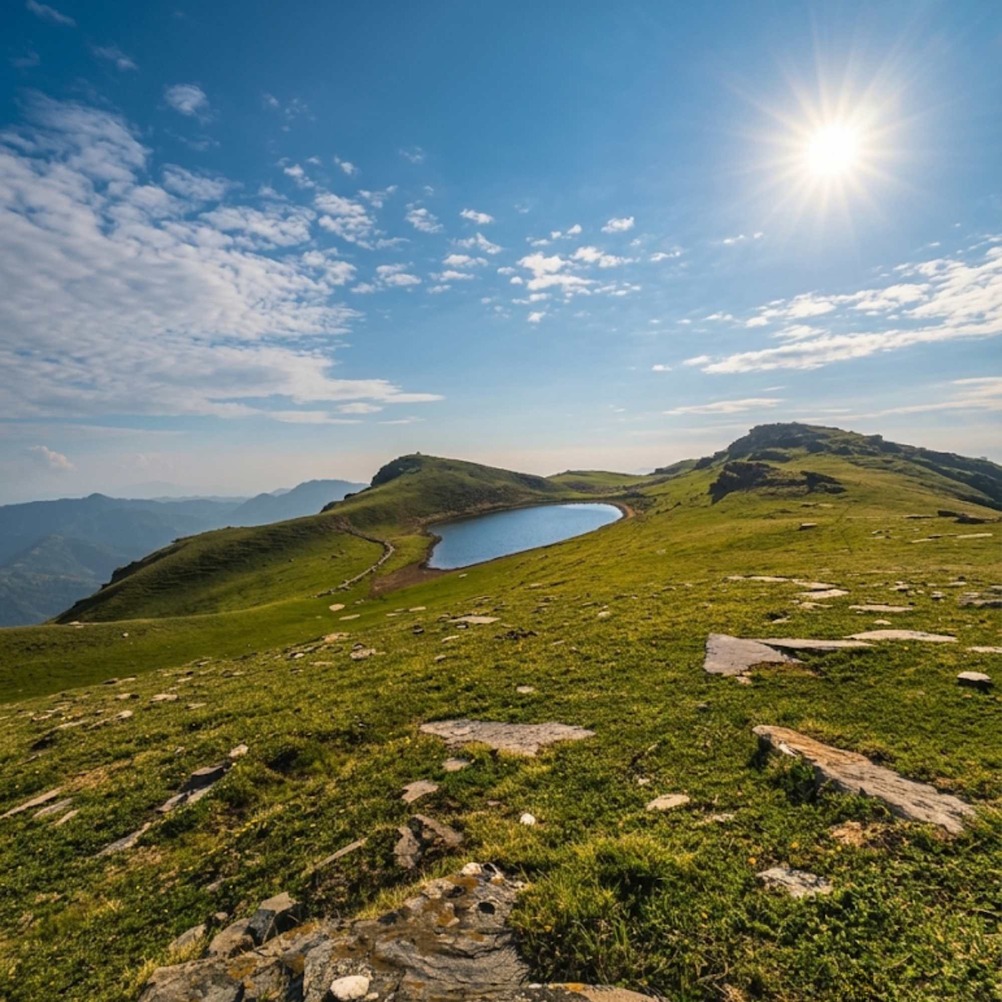 A small lake among grassy mountain slopes