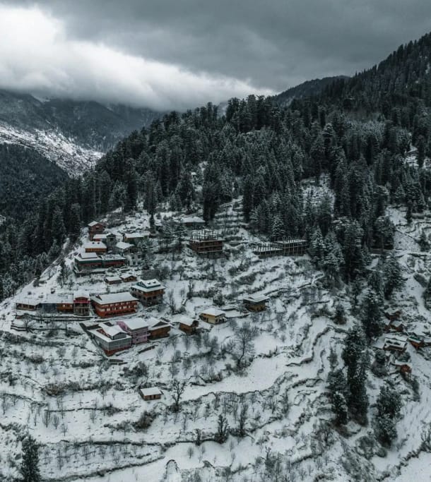 A mountain village and its surrounding forest covered in snow