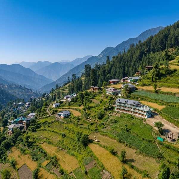 Village houses scattered across a green hillside