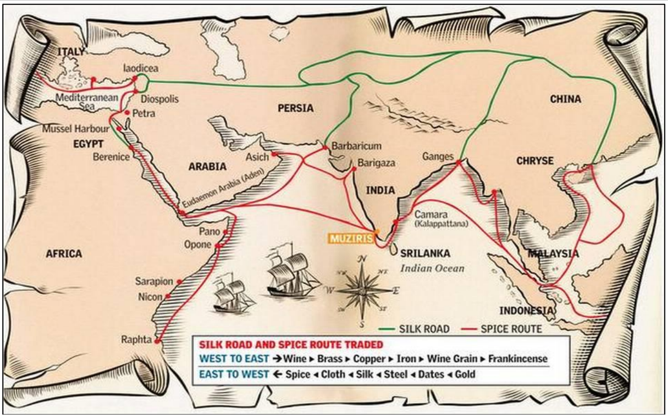 An illustrated map showing historic trade routes across Asia