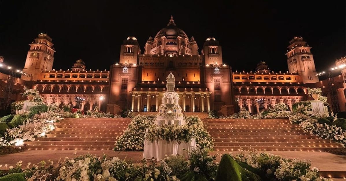 Umaid Bhawan Palace illuminated at night