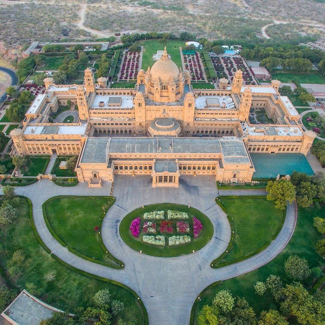 Aerial view of Umaid Bhawan Palace and its formal gardens