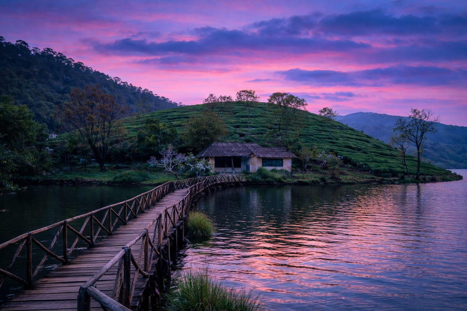 A footbridge leading across a small lake at dusk