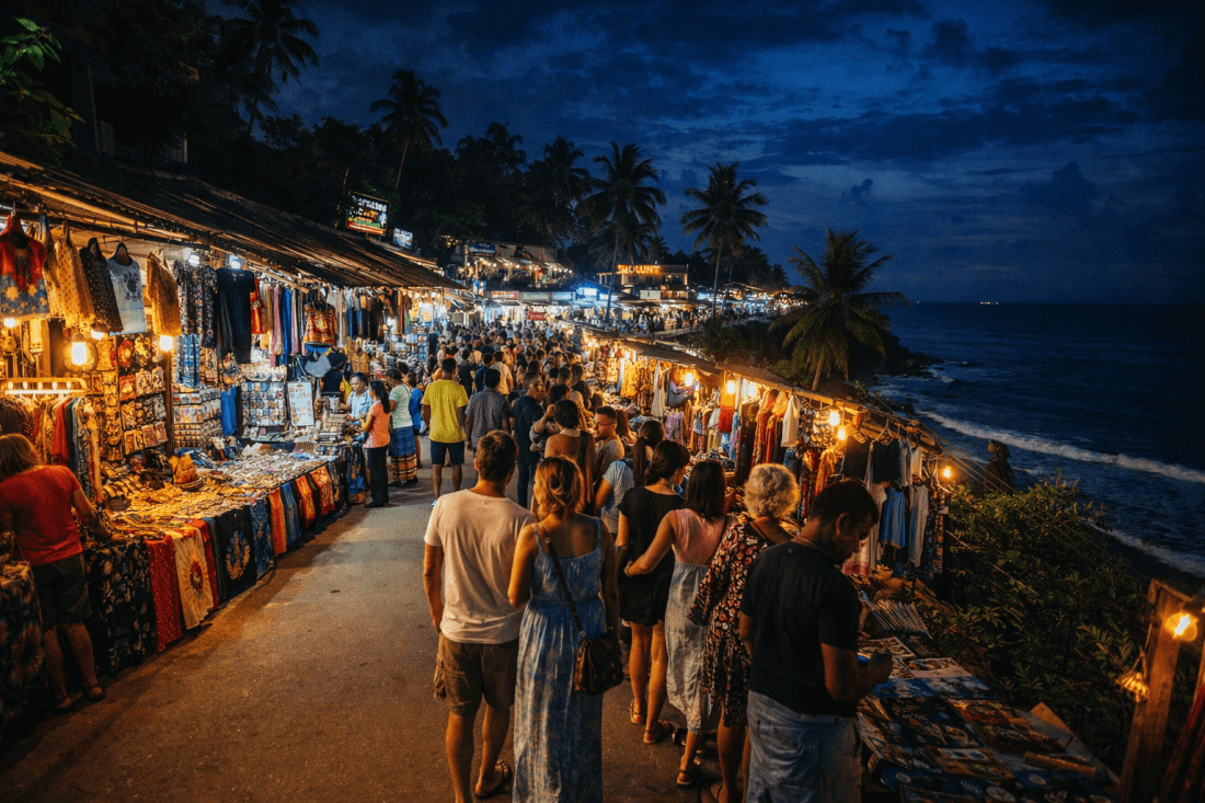 People browsing illuminated clifftop shops at night