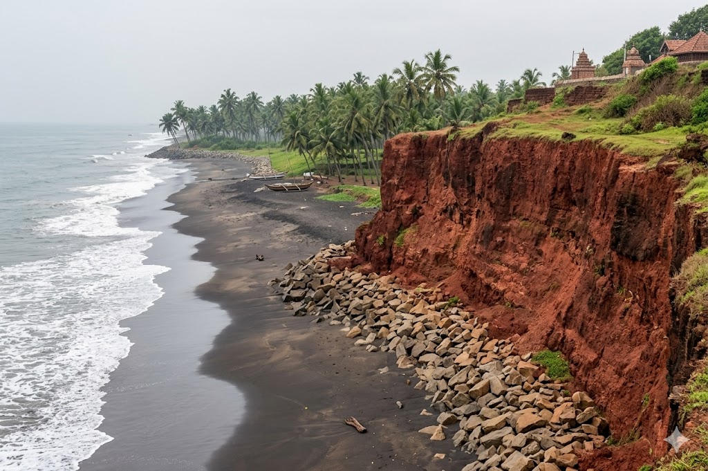 A red coastal cliff above a rocky beach