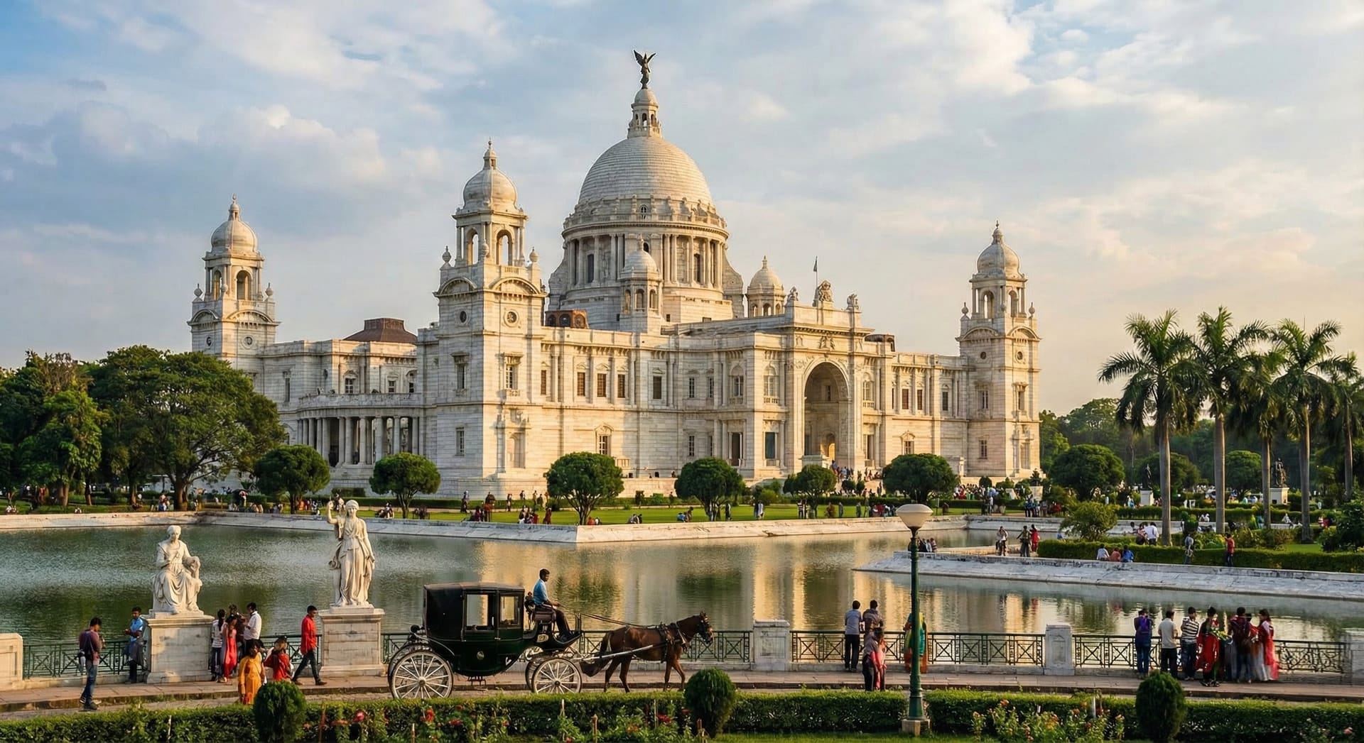Victoria Memorial reflected in water beside its gardens