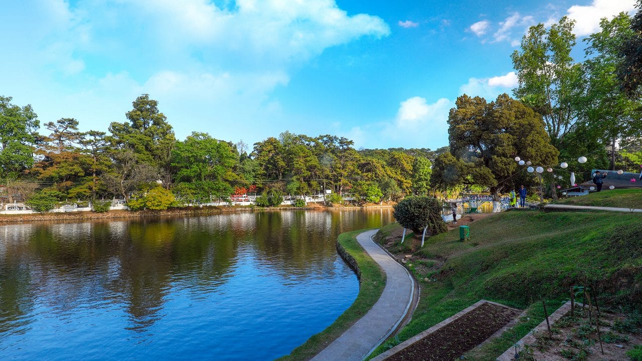 A footpath curving beside a landscaped lake